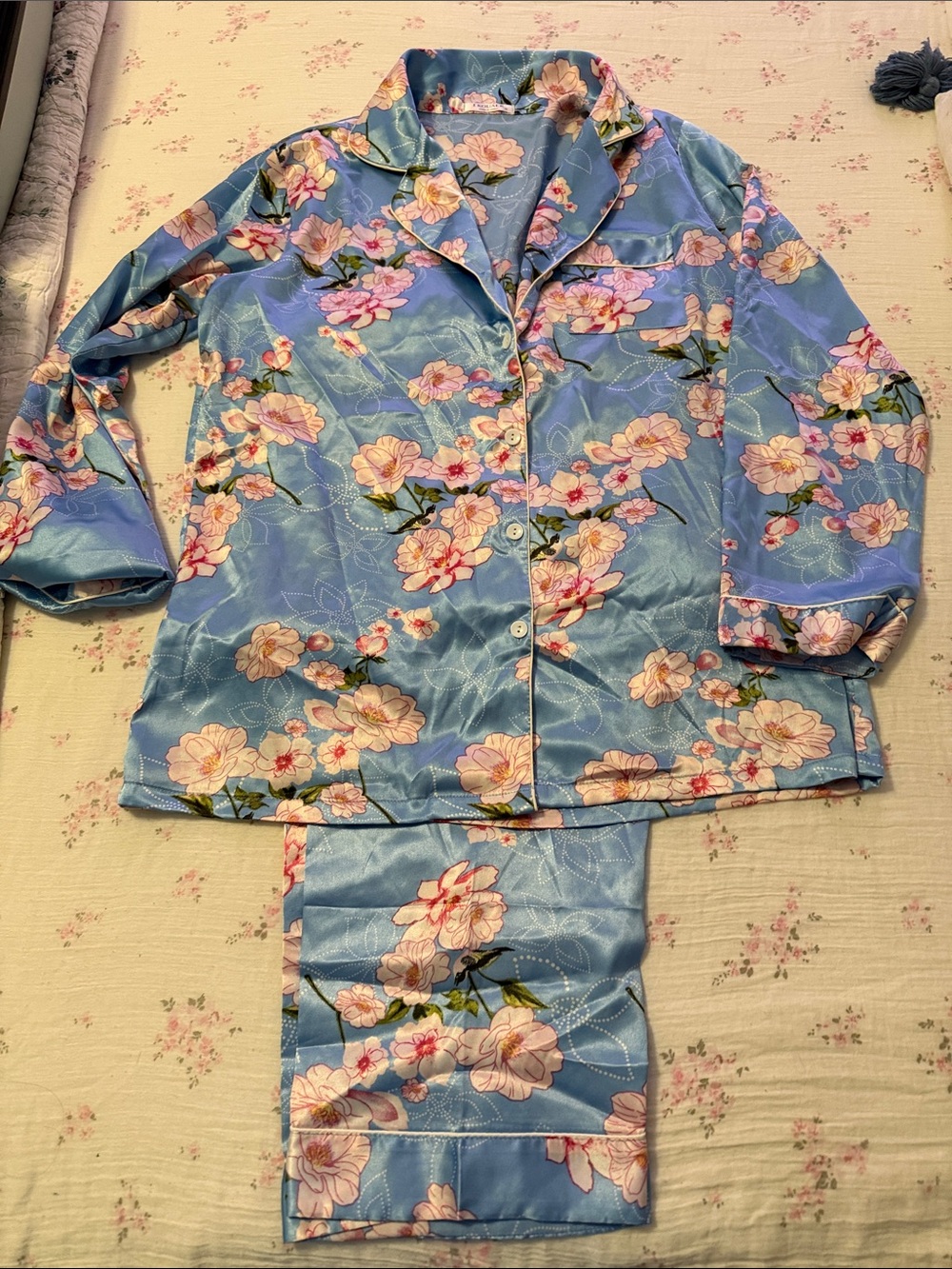 Girls Blue Floral Satin Pajama Set - Charming Sleepwear
